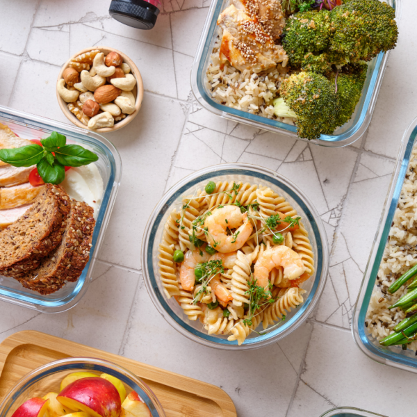 healthy balanced meals in glass containers